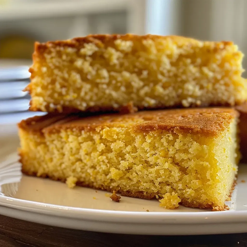 Side angle of freshly baked cornbread with a soft texture, showcasing its crumb.