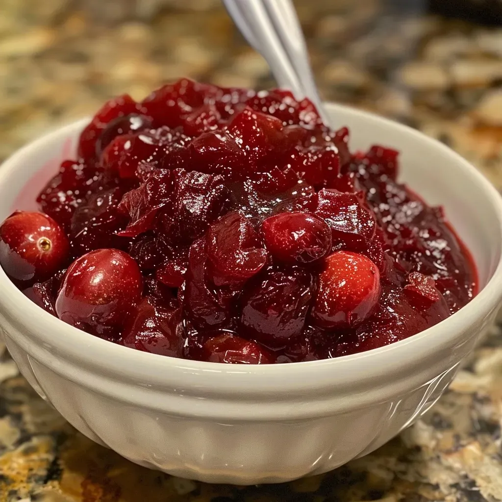 Side view of freshly made cranberry sauce in a glass bowl, garnished with orange zest.