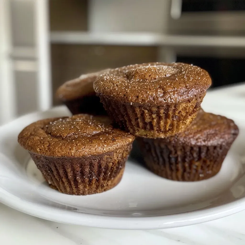 Close-up of golden-brown gingerbread muffins with a moist texture.