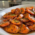 Close-up of glossy glazed carrots in a bowl, highlighting their vibrant orange color.
