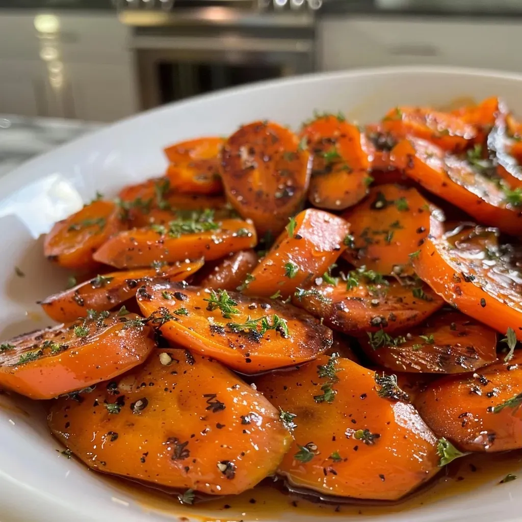 Close-up of glossy glazed carrots in a bowl, highlighting their vibrant orange color.
