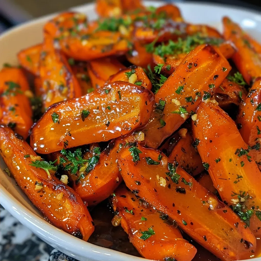 Side view of succulent air-fried carrots with a shiny caramelized glaze on a white plate.