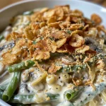 A close-up side view of a baked green bean casserole topped with crispy fried onions.