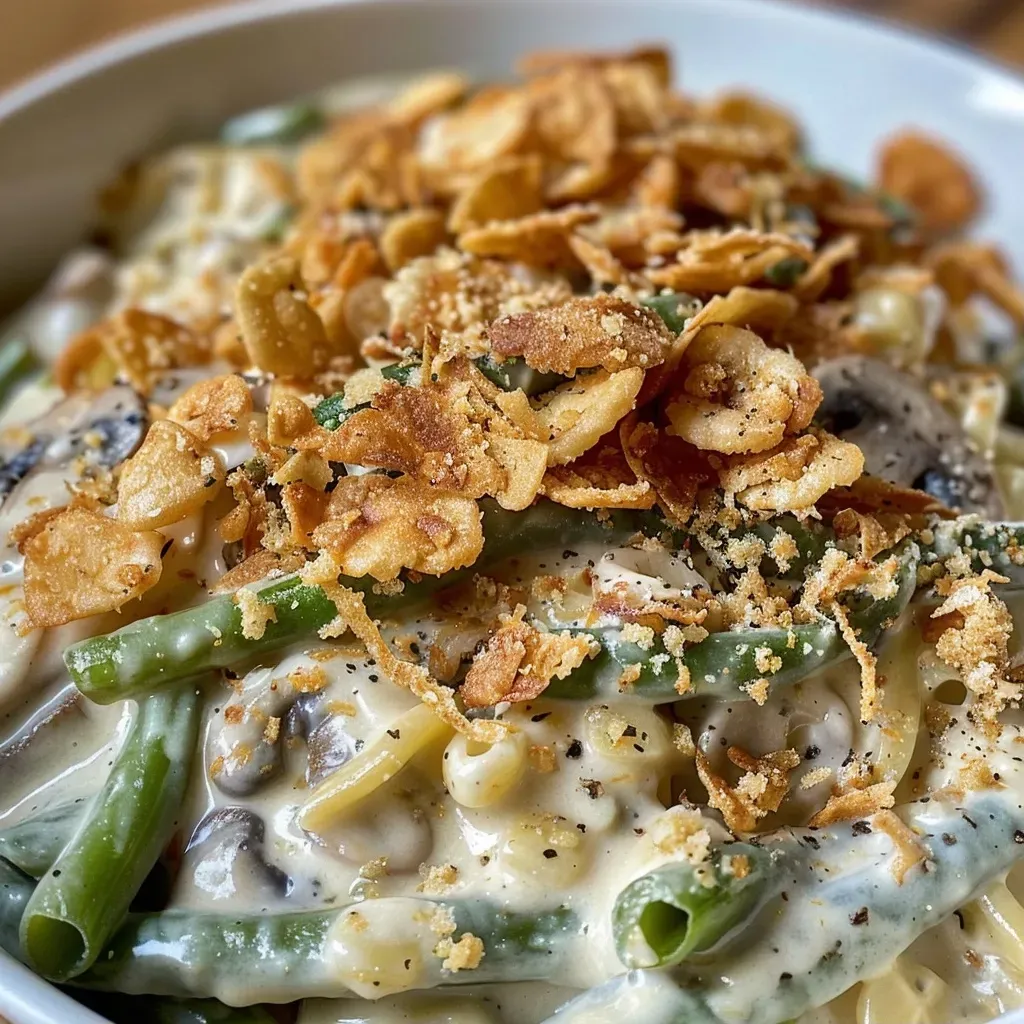 A close-up side view of a baked green bean casserole topped with crispy fried onions.