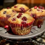 Close-up of freshly baked orange cranberry muffins with a golden-brown crust.