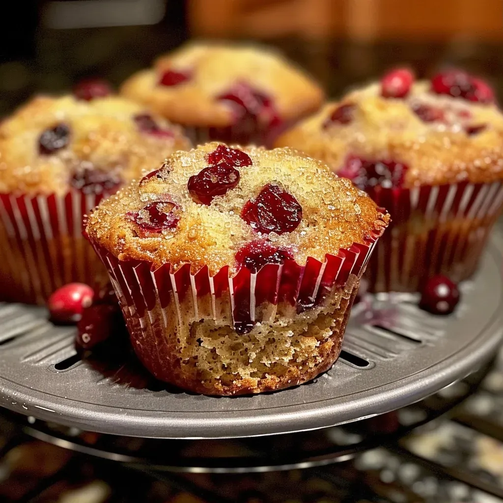 Close-up of freshly baked orange cranberry muffins with a golden-brown crust.