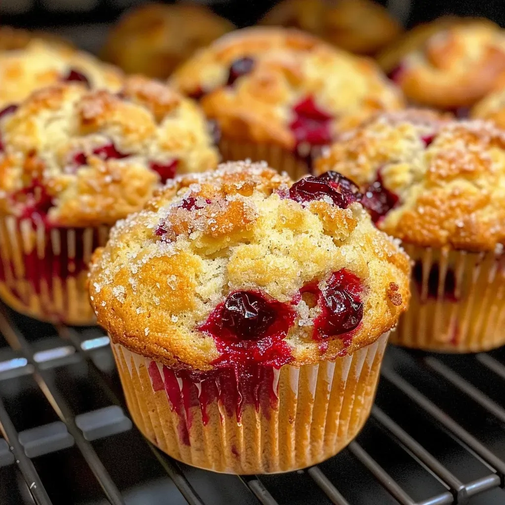 Side view of moist orange cranberry muffins, showcasing their texture and vibrant color.