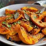 Close-up view of air-fried pumpkin cubes, golden brown and juicy.