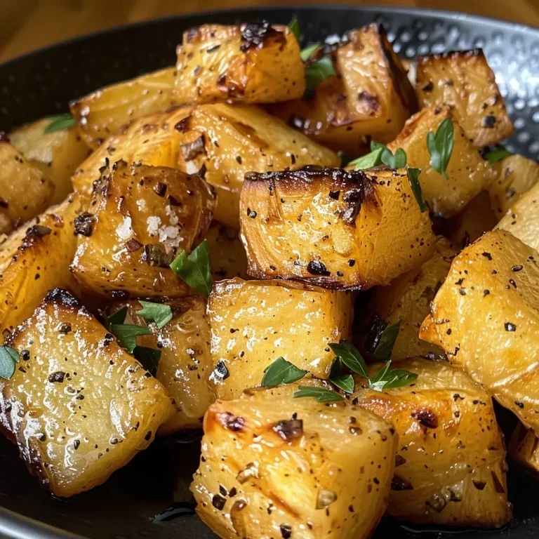 Crispy Air Fryer Rutabaga: A Flavorful Addition to Your Protein-Packed Plate A close-up side view of juicy air fryer rutabaga pieces, golden brown and crispy.
