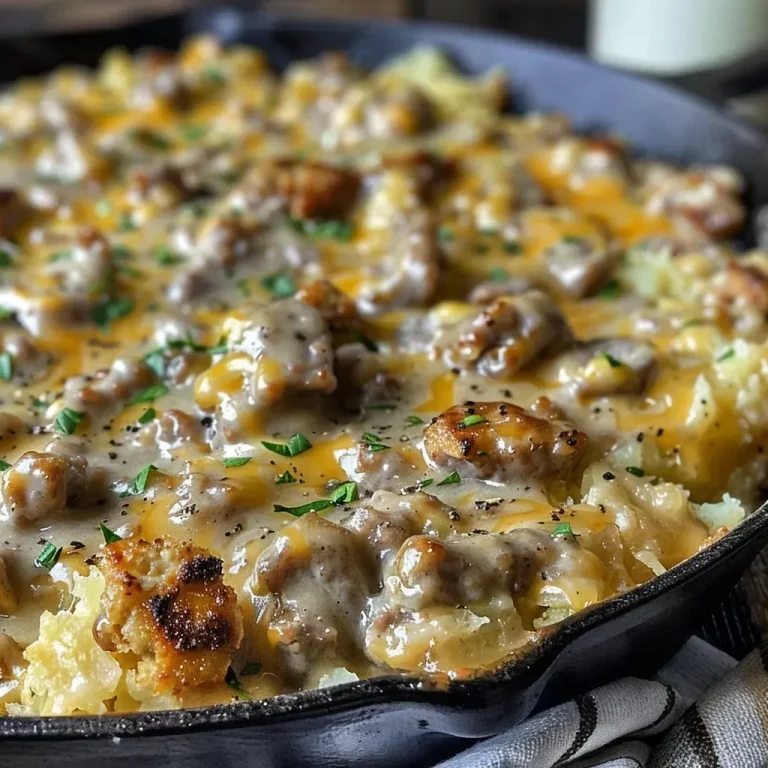 Close-up view of an Air Fryer Sausage Gravy Breakfast Skillet topped with sausage and hash browns.