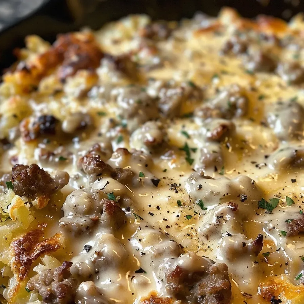 Juicy Air Fryer Sausage Gravy Breakfast Skillet with golden hash browns and creamy gravy.
