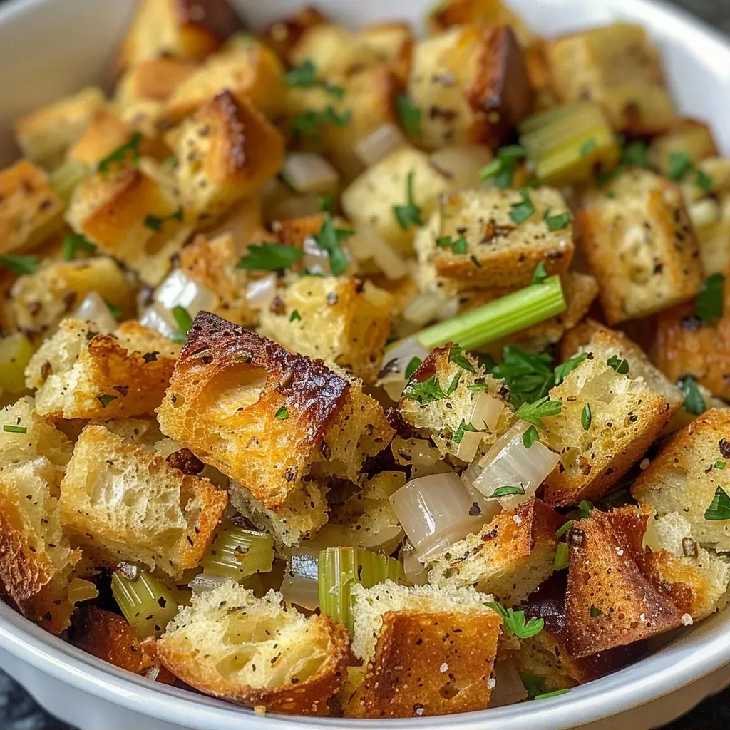Close-up view of juicy Air Fryer stuffing with bread cubes and herbs.