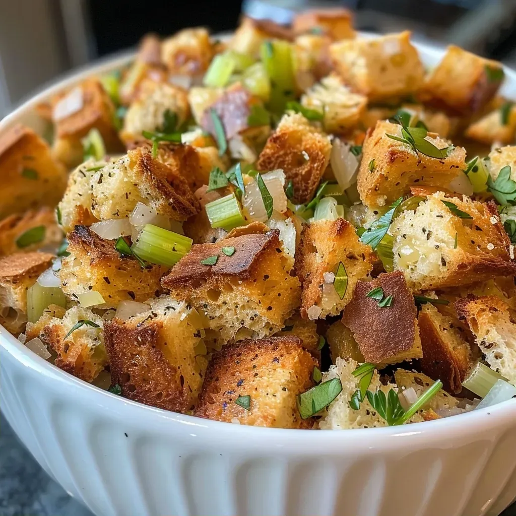 Deliciously cooked Air Fryer stuffing featuring golden bread cubes and vegetables.