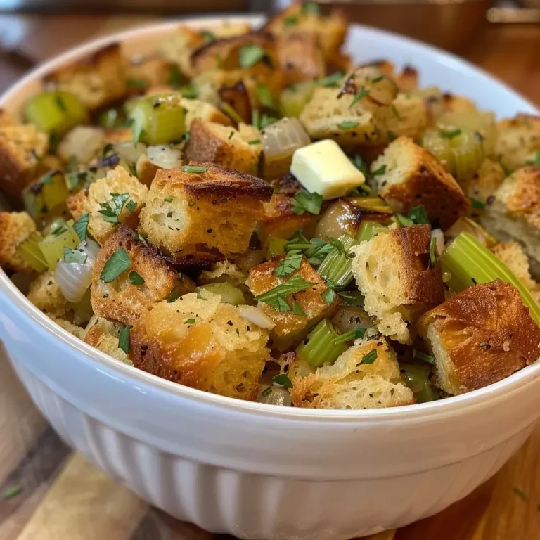 Elevate Your Thanksgiving with This Protein-Rich Air Fryer Stuffing Close-up view of golden-brown air fryer stuffing with visible herbs and ingredients.