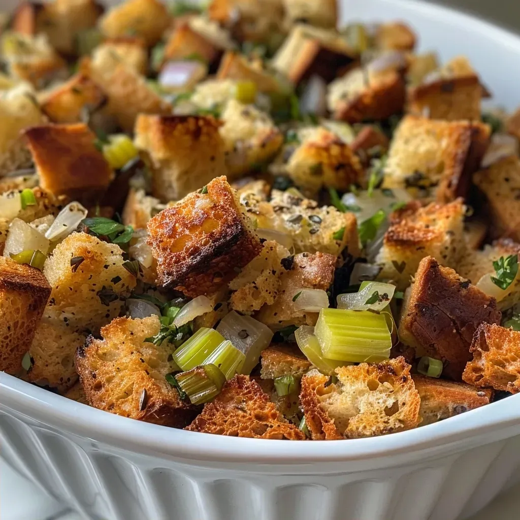 Side view of moist air fryer stuffing showcasing chopped celery and onion.