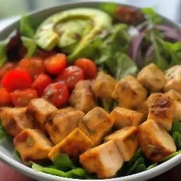 Side view of a vibrant salad with air-fried turkey, mixed greens, and honey dressing.