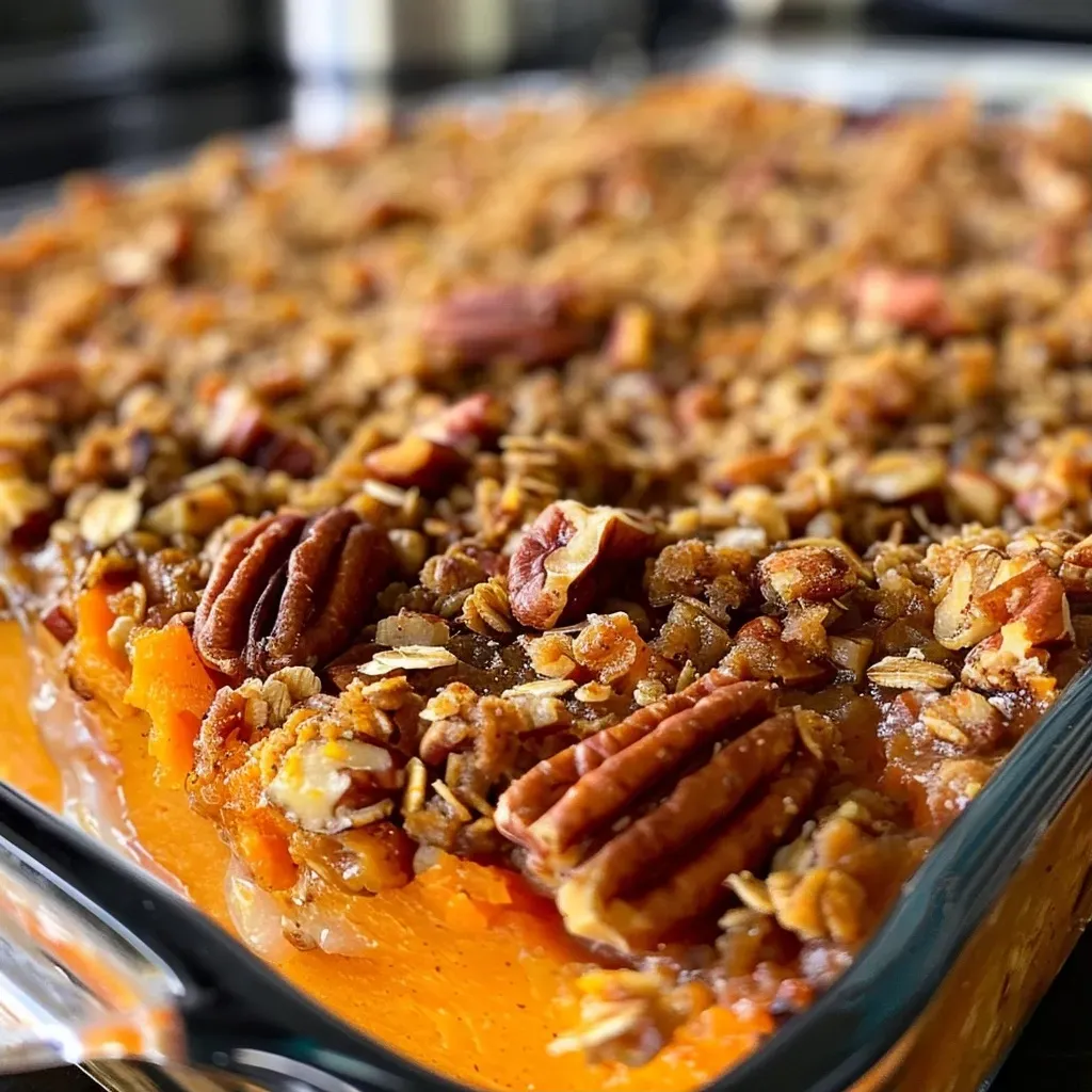 Close-up of a vibrant vegan sweet potato casserole topped with pecans and oats.