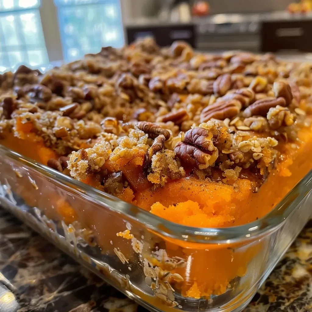 A side view photo of a delicious air fryer sweet potato casserole adorned with brown sugar and spices.