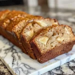 A close-up, side view of a moist apple cider bread loaf with a golden-brown crust.