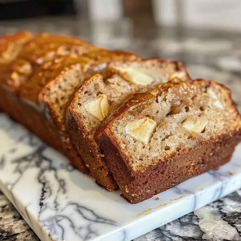 A close-up, side view of a moist apple cider bread loaf with a golden-brown crust.