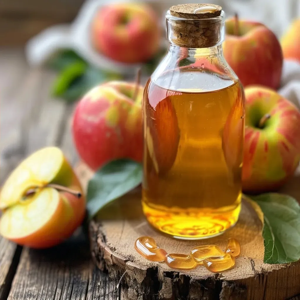 A side view of homemade apple cider vinegar in a glass jar, surrounded by ripe apples.