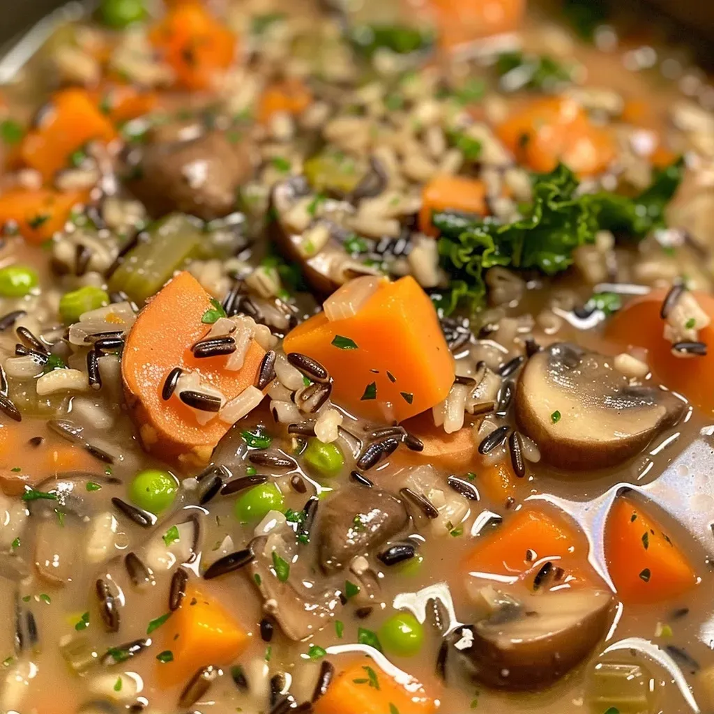 A close-up view of a bowl of Autumn Wild Rice Soup featuring colorful ingredients.
