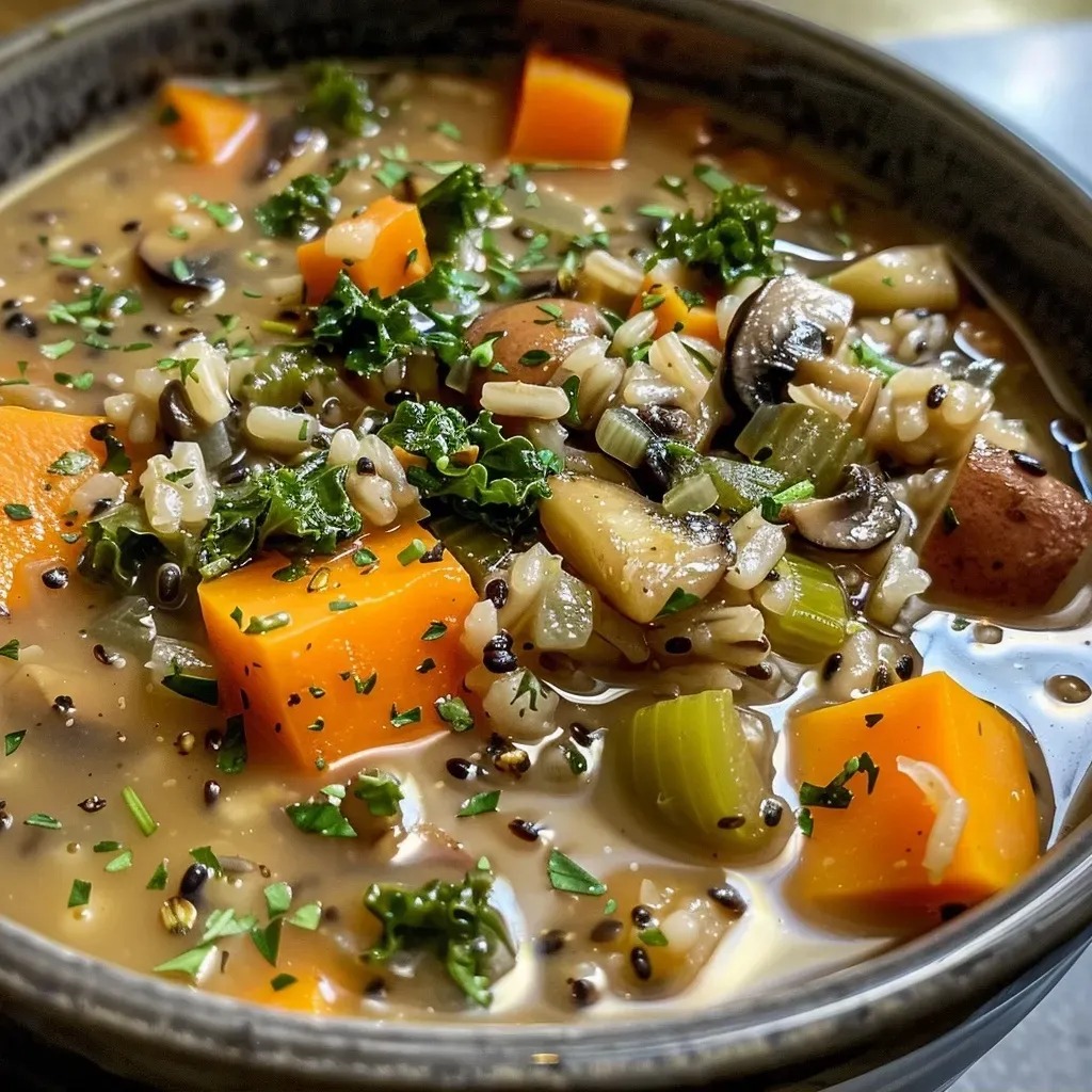 A side view of a steaming bowl of wild rice soup with visible chunks of vegetables and herbs.