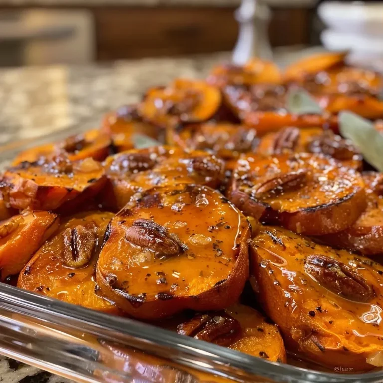 Close-up view of golden brown baked candied yams topped with mini marshmallows.