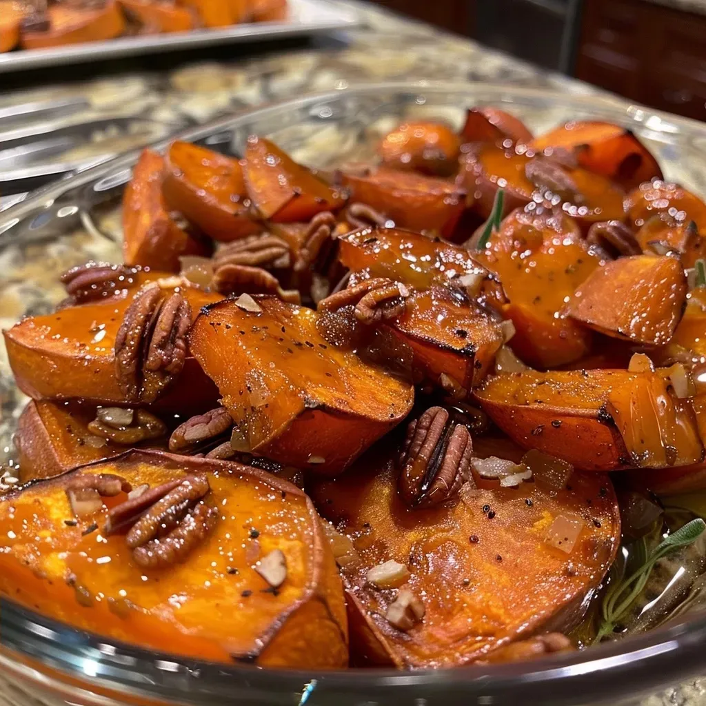 Juicy baked candied yams with a glossy glaze, showcasing slices and pecans.