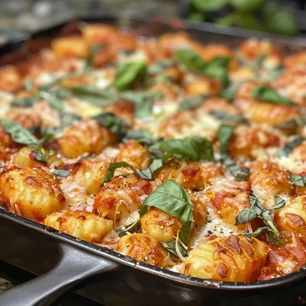 Close-up view of baked gnocchi topped with melted mozzarella and fresh basil.