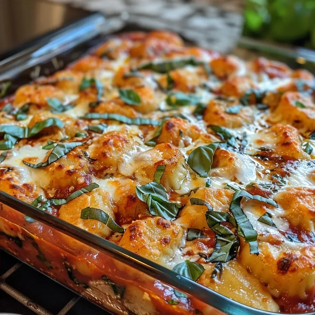 Side view of a golden, cheesy baked gnocchi dish with colorful vegetables.