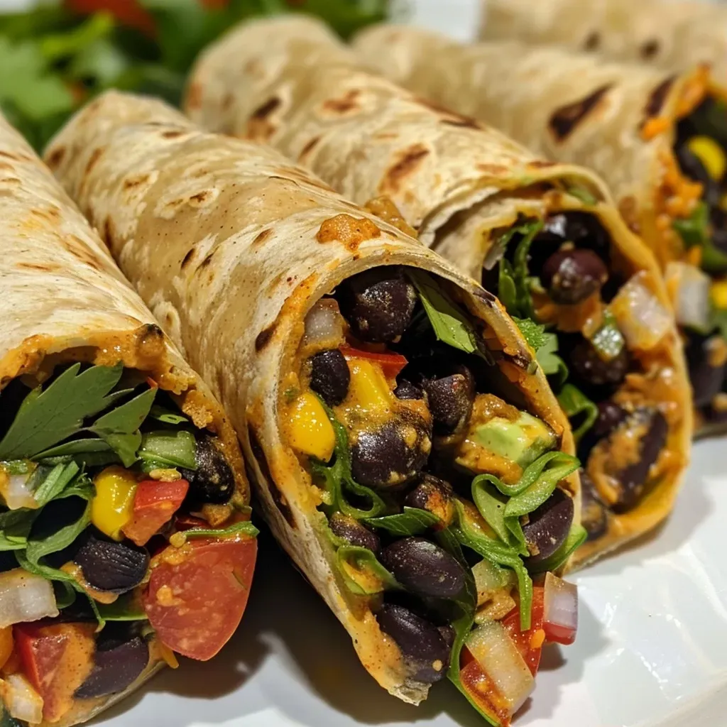 Close-up of a colorful black bean veggie wrap, showcasing fresh ingredients.