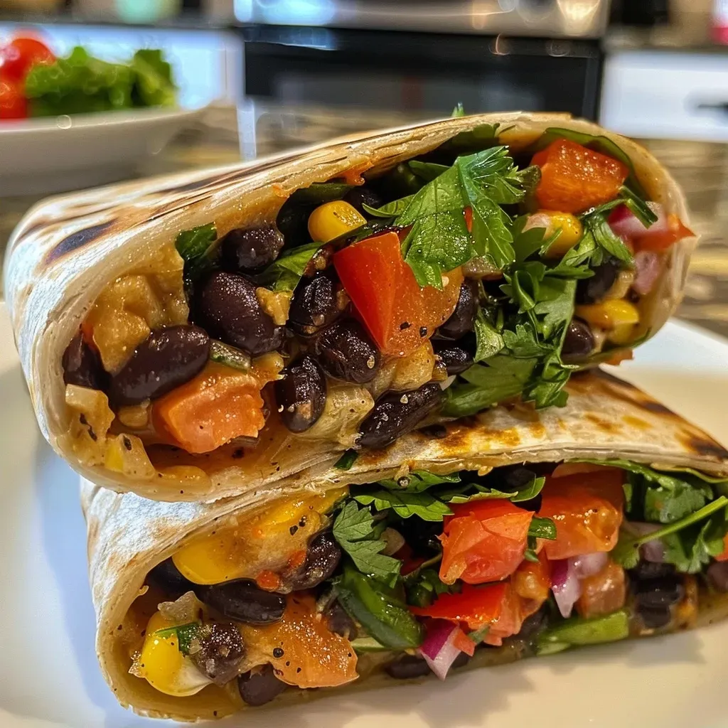 Side view of a juicy black bean wrap filled with vibrant vegetables and sauces.