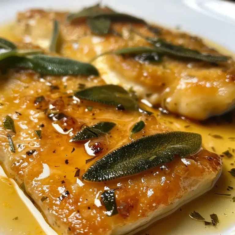 Close-up view of rich brown butter sage sauce with herbs.