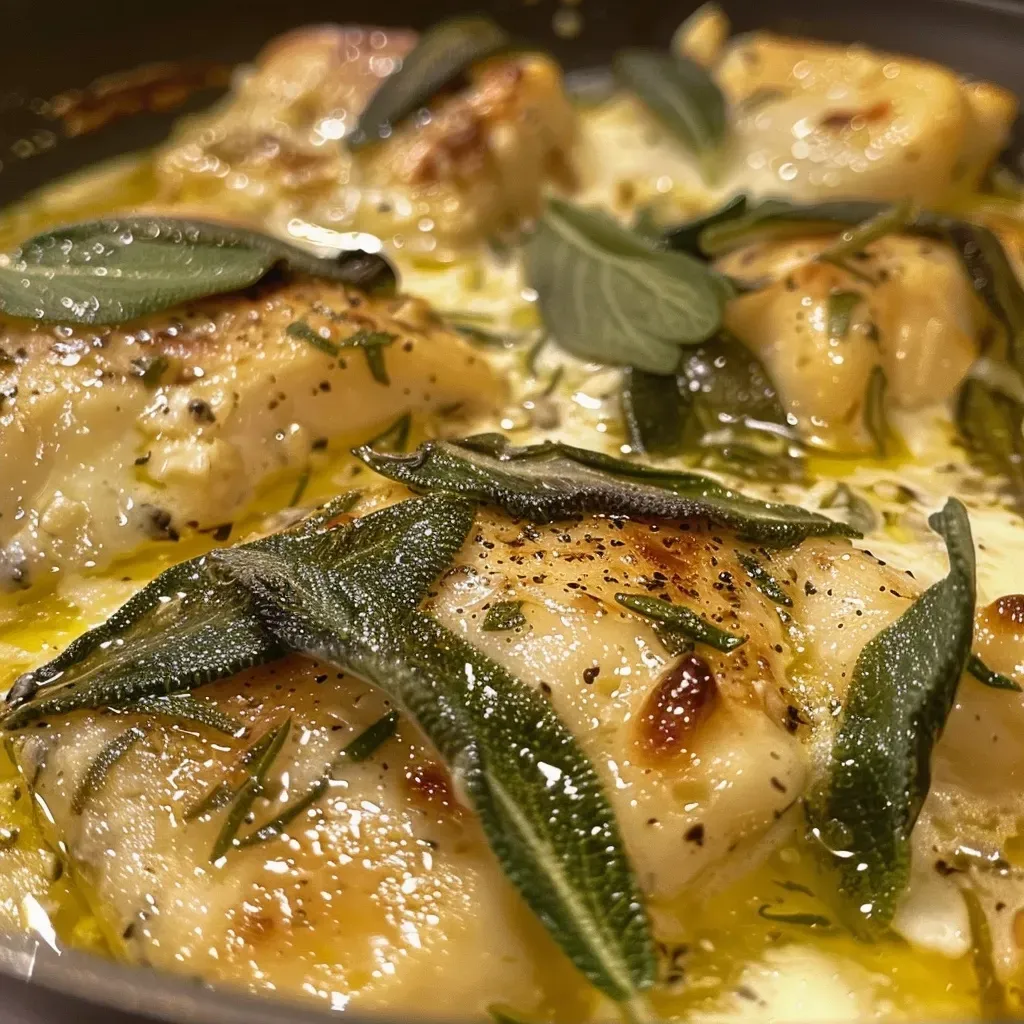 A side perspective of creamy brown butter sage sauce in a dish.