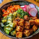 Close-up of a colorful Buddha bowl filled with chickpeas, sweet potatoes, kale, quinoa, carrots, and red cabbage.