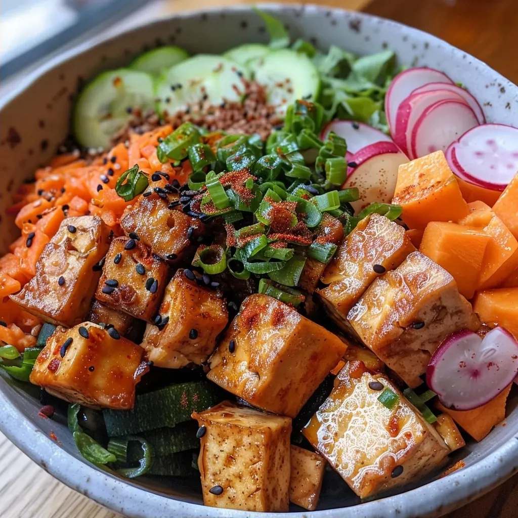 Vibrant Buddha bowl showcasing roasted sweet potatoes, chickpeas, and fresh vegetables topped with a creamy tahini sauce.