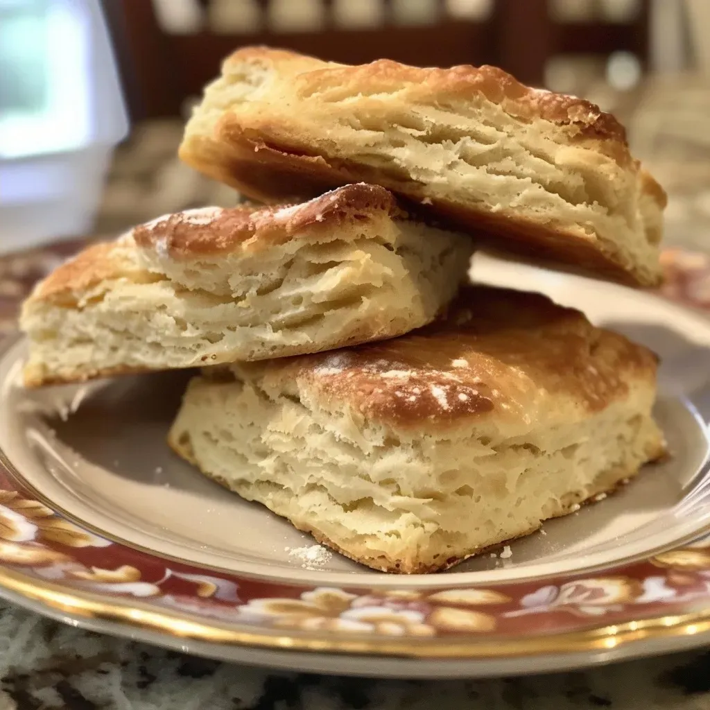 Side view of freshly baked buttermilk biscuits stacked on a plate.