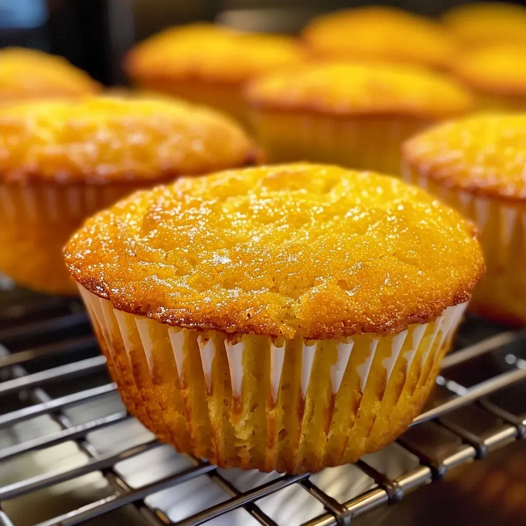 Juicy, baked buttermilk cornbread muffins with a golden crust, presented from a side angle.