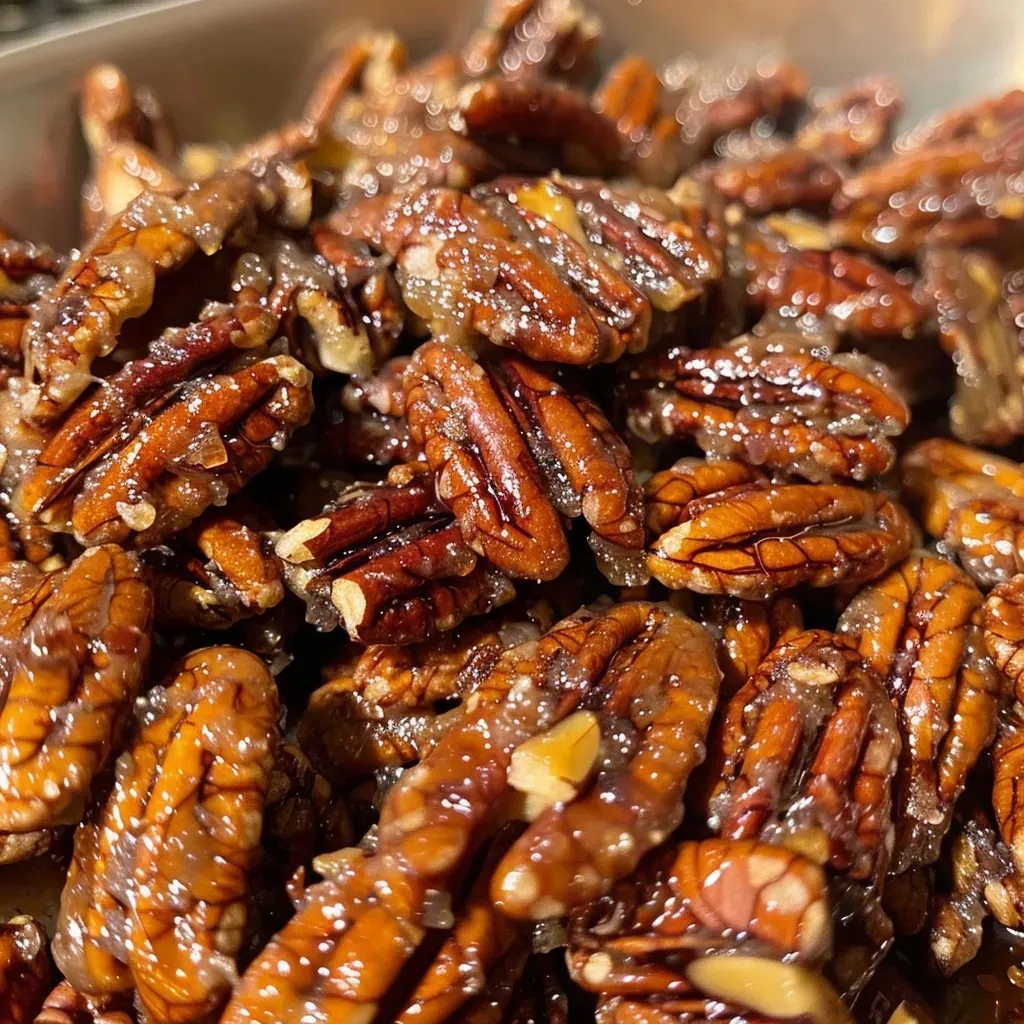 Close-up view of shiny candied pecans glistening with caramel.
