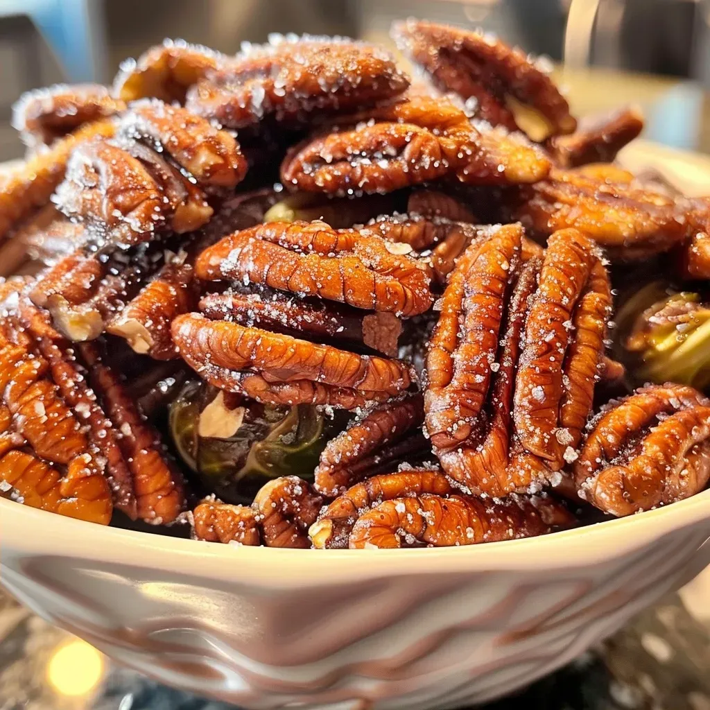 A side view of crunchy candied pecans arranged neatly on a surface.