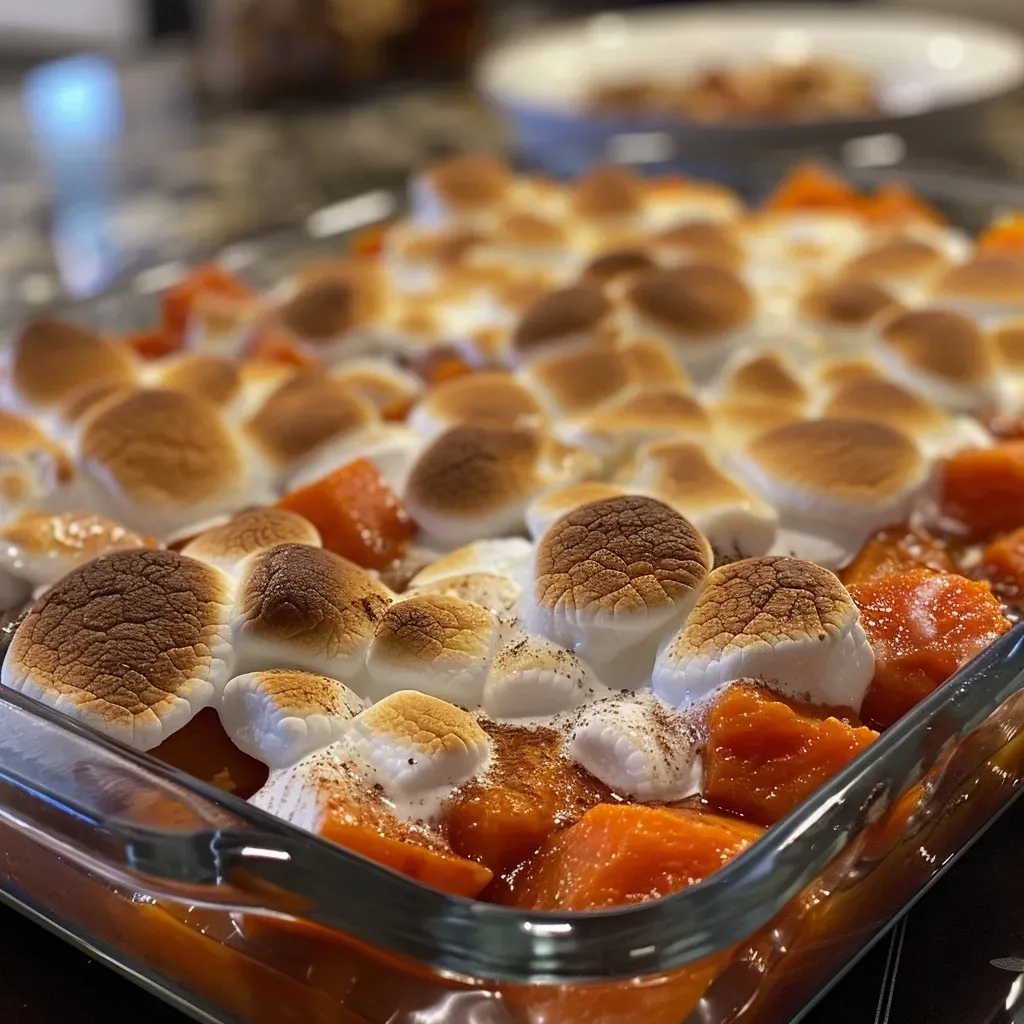 Close-up view of a dish featuring candied yams topped with fluffy marshmallows.