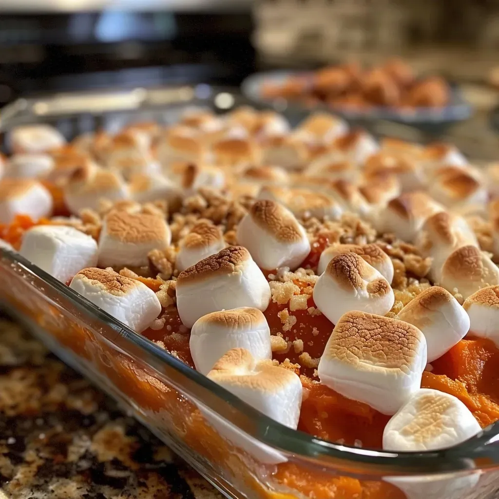 Side profile of candied yams with a glossy finish and a layer of toasted marshmallows.