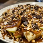Close-up view of caramel apple nachos topped with colorful sprinkles and chocolate bits.