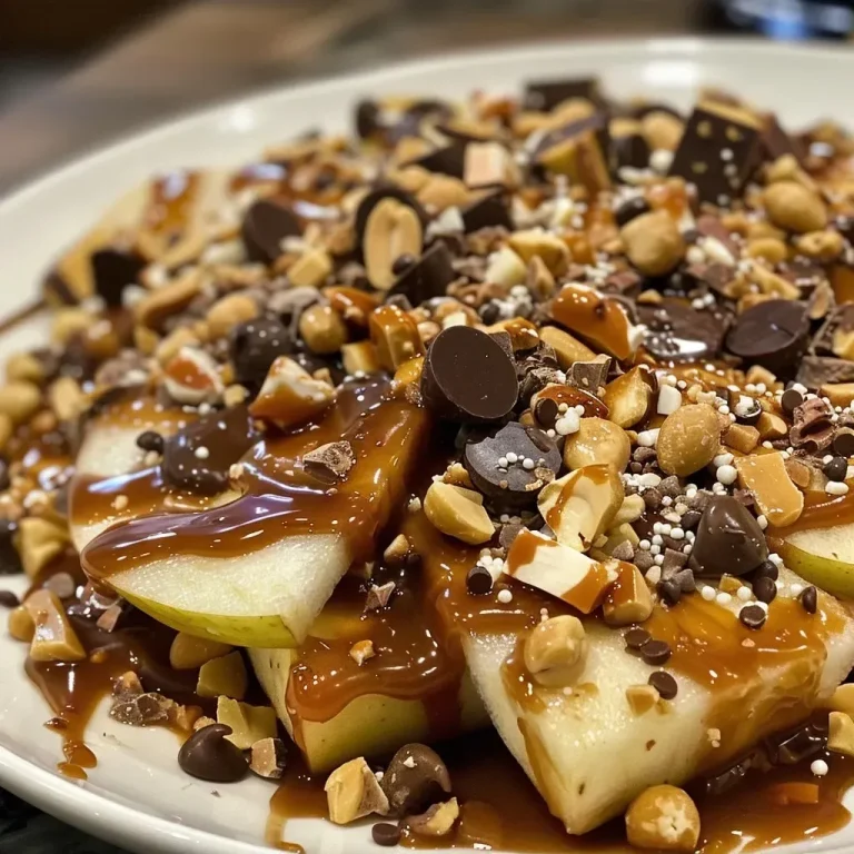Close-up view of caramel apple nachos topped with colorful sprinkles and chocolate bits.