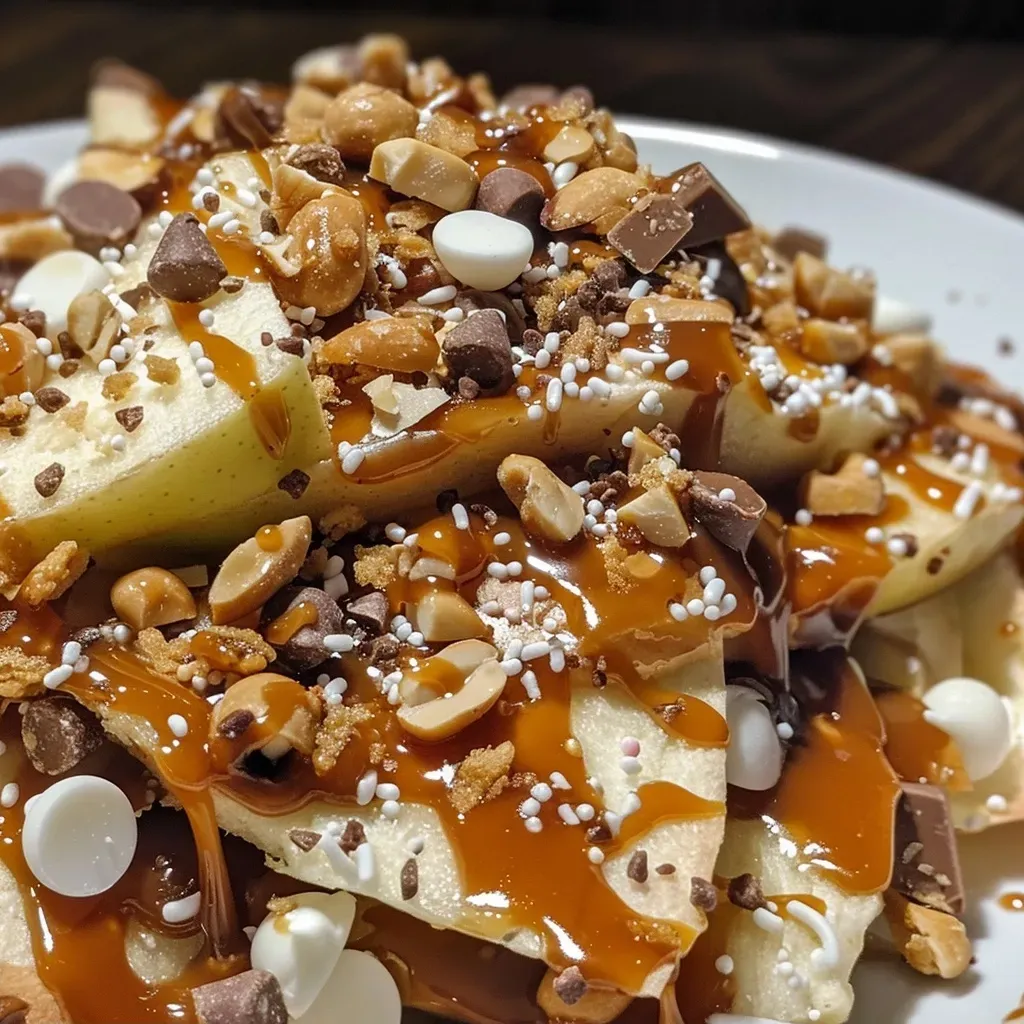 Juicy apple slices drizzled with caramel and white chocolate, scattered with nuts and candies.