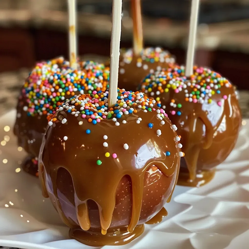 Six caramel-coated apples on candy sticks, each topped with colorful sprinkles.