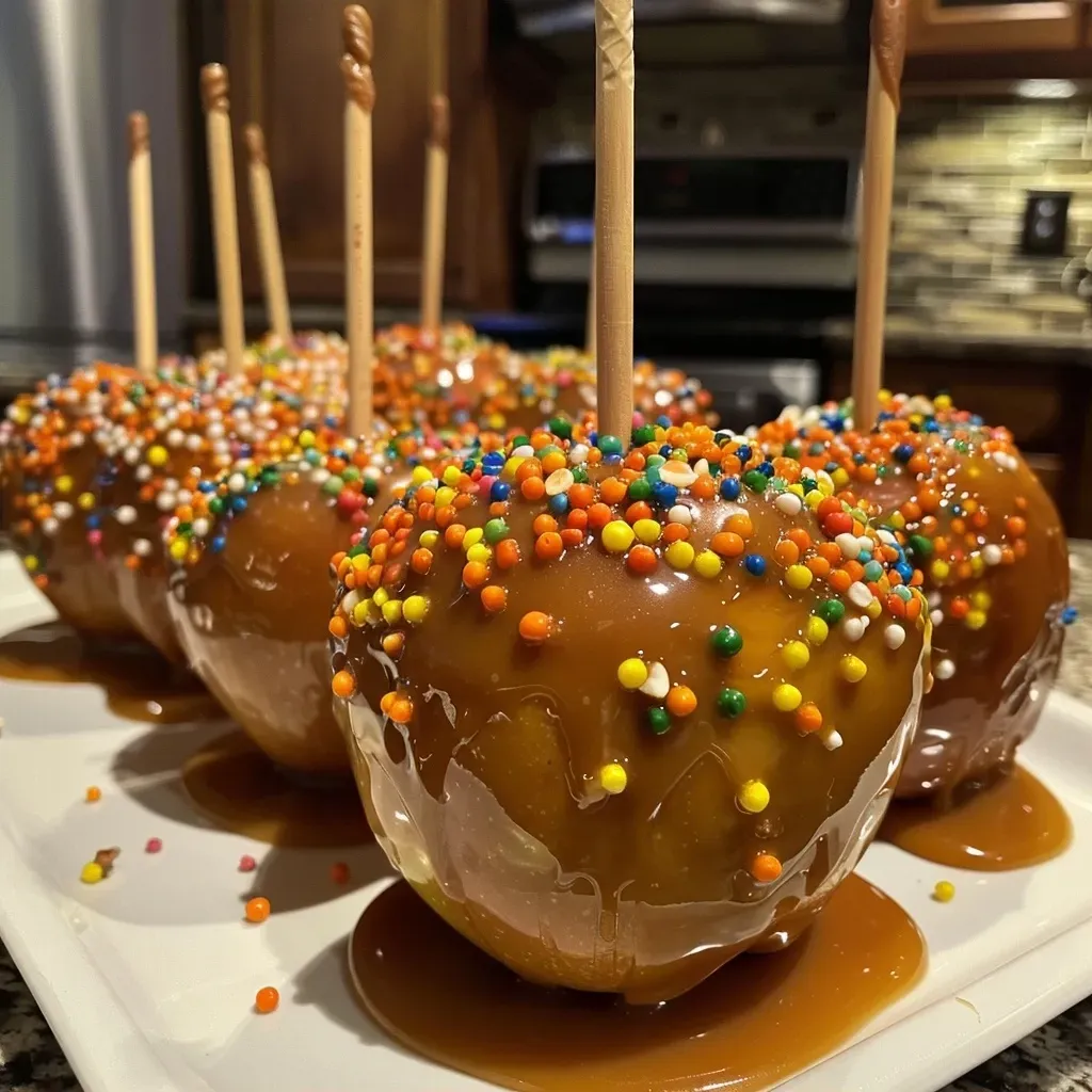 Close-up view of juicy caramel apples with various toppings, resting on a wooden table.