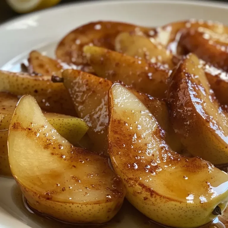 Quick and Delicious: Elevate Your Snack Game with Caramelized Cinnamon-Spiced Pears Close-up of caramelized cinnamon-spiced pears glistening on a plate.