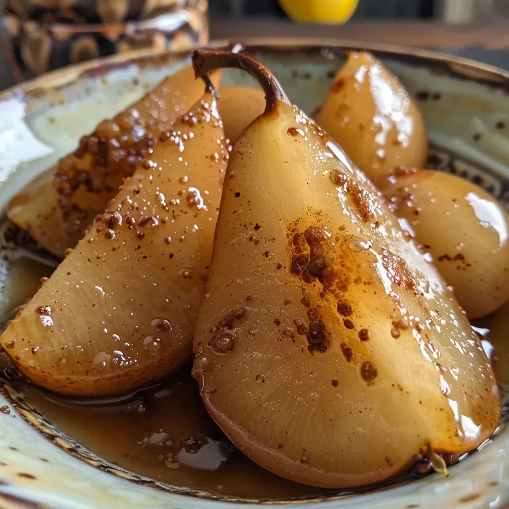 Side view of juicy caramelized pears with a sprinkle of cinnamon, showcasing their texture.